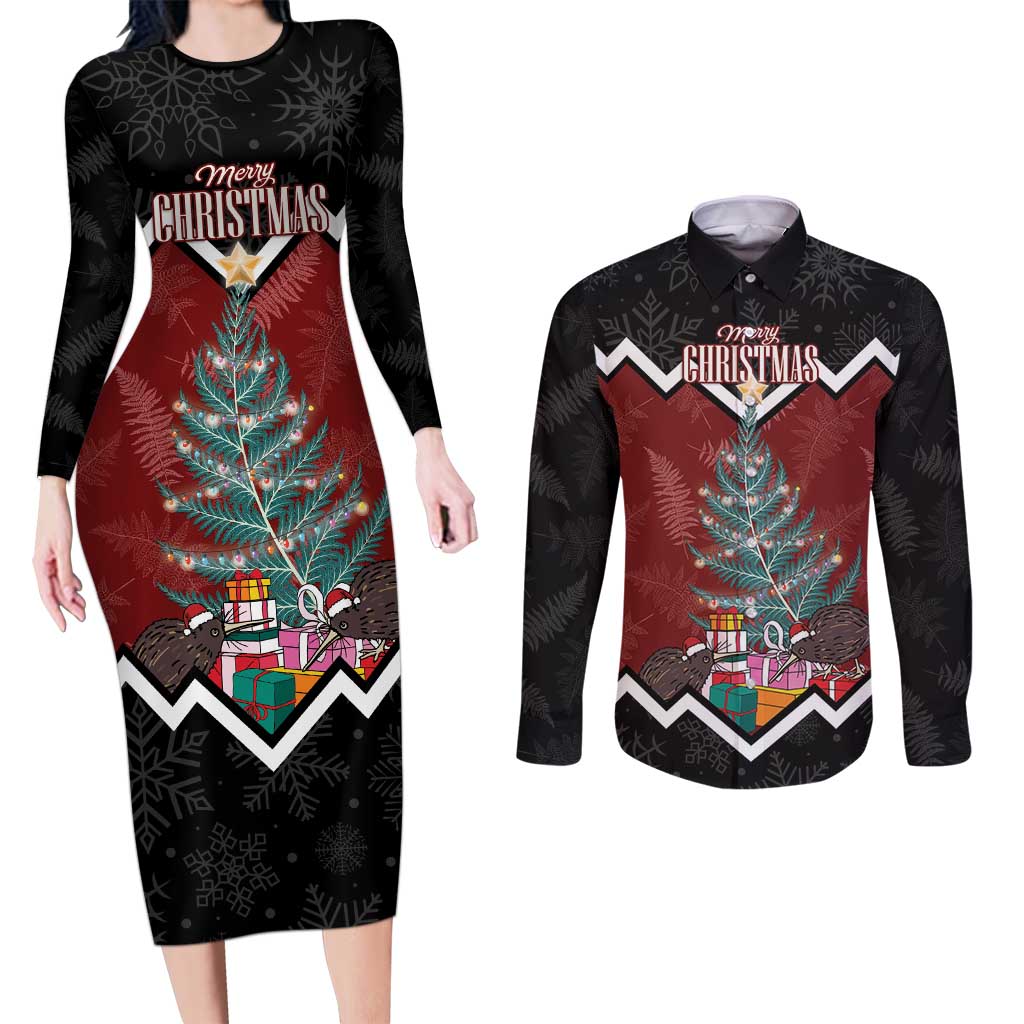 Personalised New Zealand Christmas Couples Matching Long Sleeve Bodycon Dress and Long Sleeve Button Shirt Xmas Fern and Kiwi Birds LT7 Black - Polynesian Pride