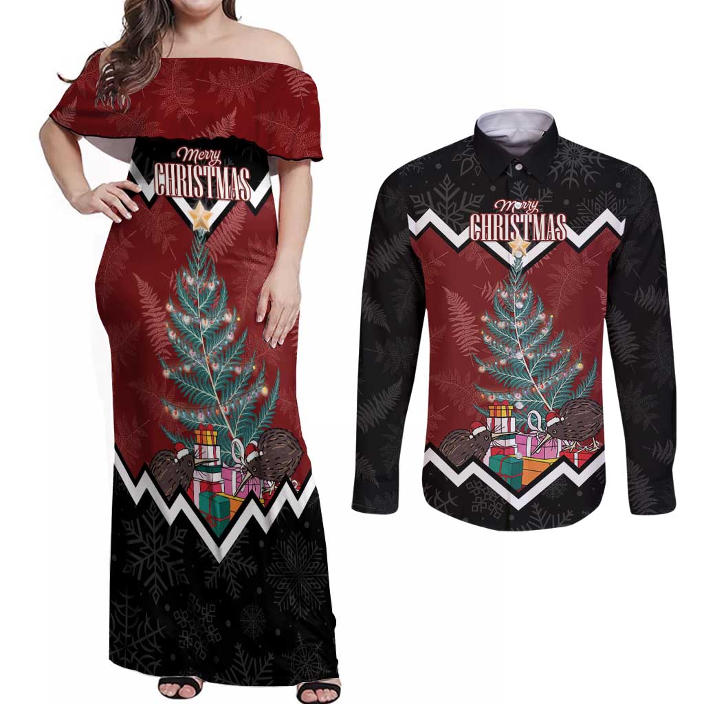 Personalised New Zealand Christmas Couples Matching Off Shoulder Maxi Dress and Long Sleeve Button Shirt Xmas Fern and Kiwi Birds LT7 Black - Polynesian Pride