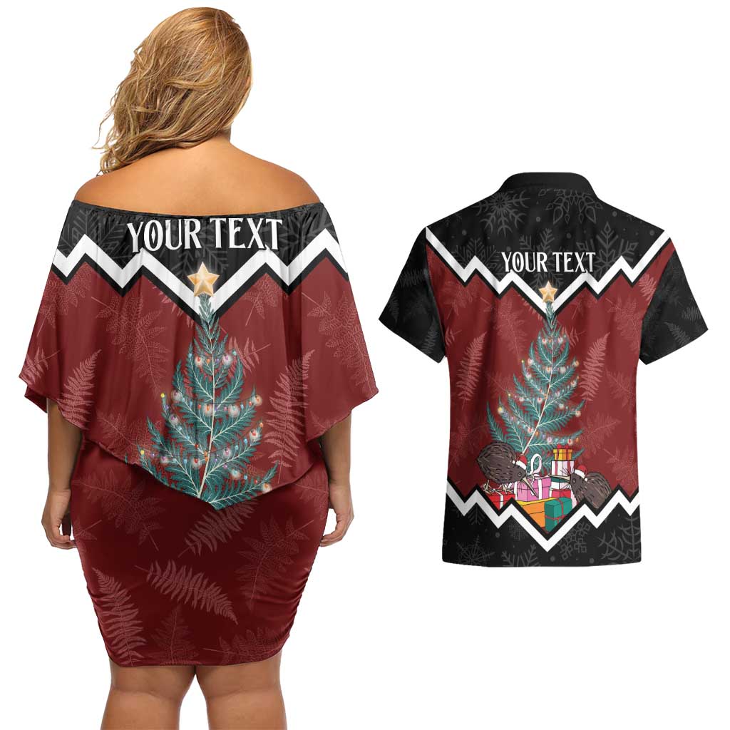 Personalised New Zealand Christmas Couples Matching Off Shoulder Short Dress and Hawaiian Shirt Xmas Fern and Kiwi Birds LT7 - Polynesian Pride
