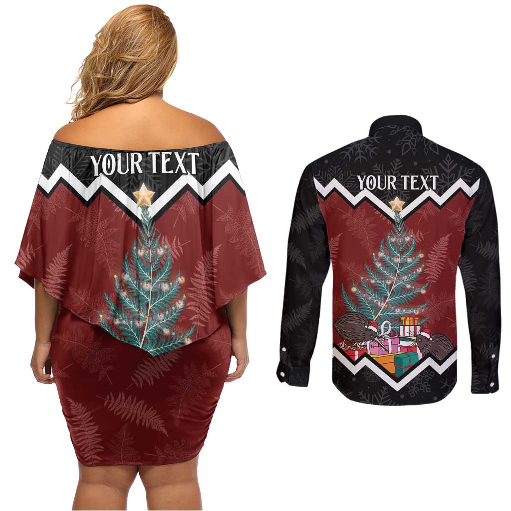 Personalised New Zealand Christmas Couples Matching Off Shoulder Short Dress and Long Sleeve Button Shirt Xmas Fern and Kiwi Birds LT7 - Polynesian Pride