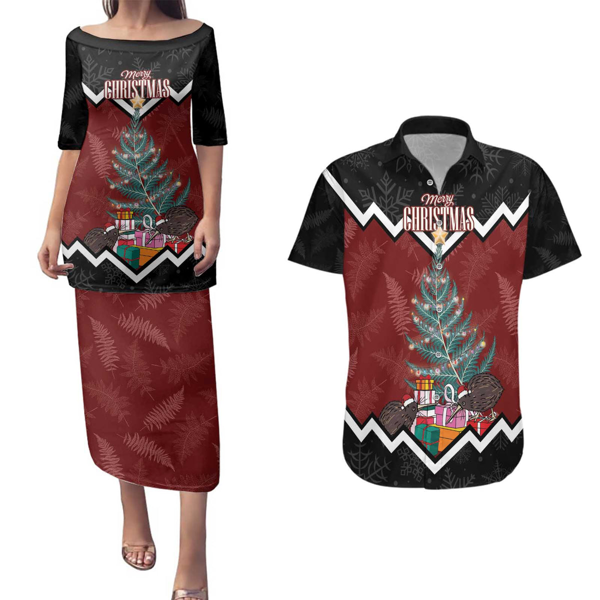 Personalised New Zealand Christmas Couples Matching Puletasi and Hawaiian Shirt Xmas Fern and Kiwi Birds LT7 Black - Polynesian Pride