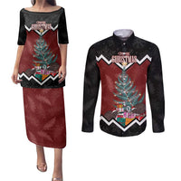Personalised New Zealand Christmas Couples Matching Puletasi and Long Sleeve Button Shirt Xmas Fern and Kiwi Birds LT7 Black - Polynesian Pride