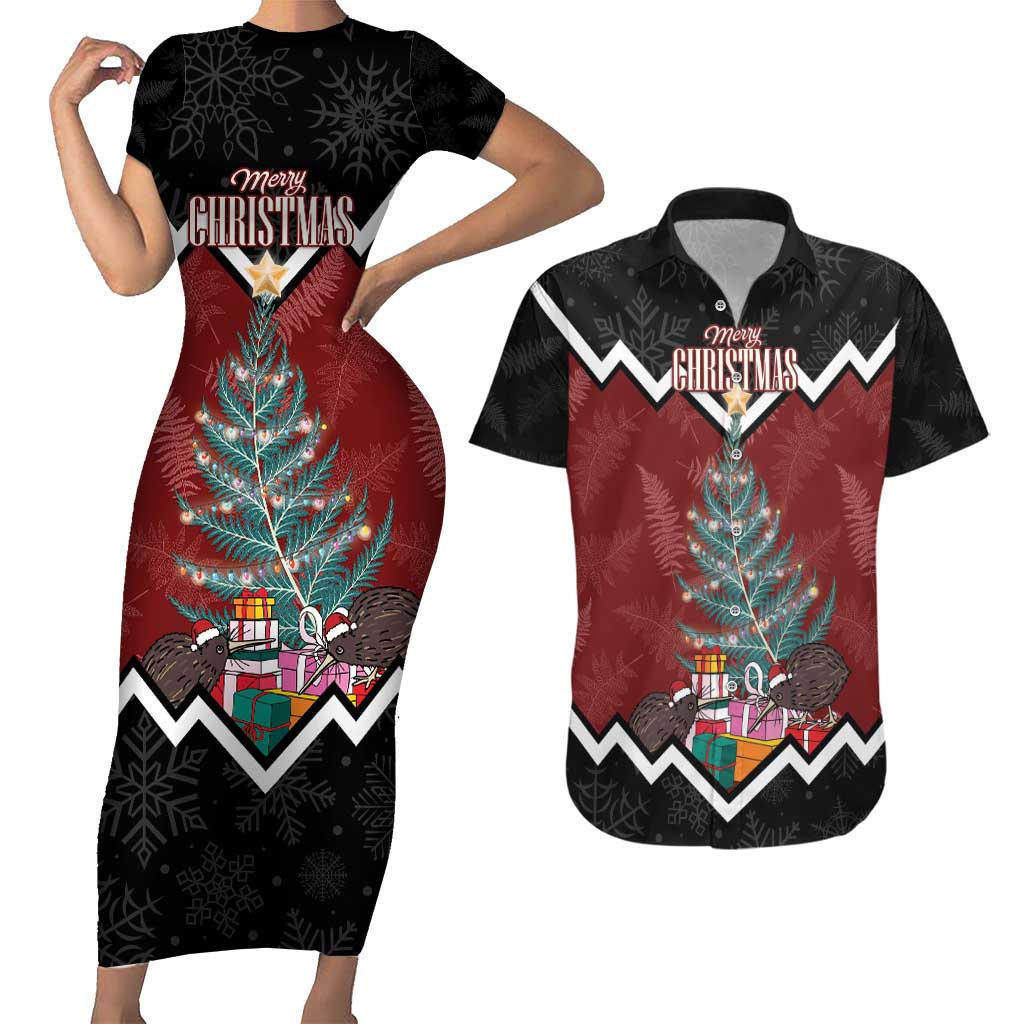Personalised New Zealand Christmas Couples Matching Short Sleeve Bodycon Dress and Hawaiian Shirt Xmas Fern and Kiwi Birds LT7 Black - Polynesian Pride