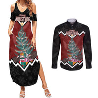 Personalised New Zealand Christmas Couples Matching Summer Maxi Dress and Long Sleeve Button Shirt Xmas Fern and Kiwi Birds LT7 Black - Polynesian Pride