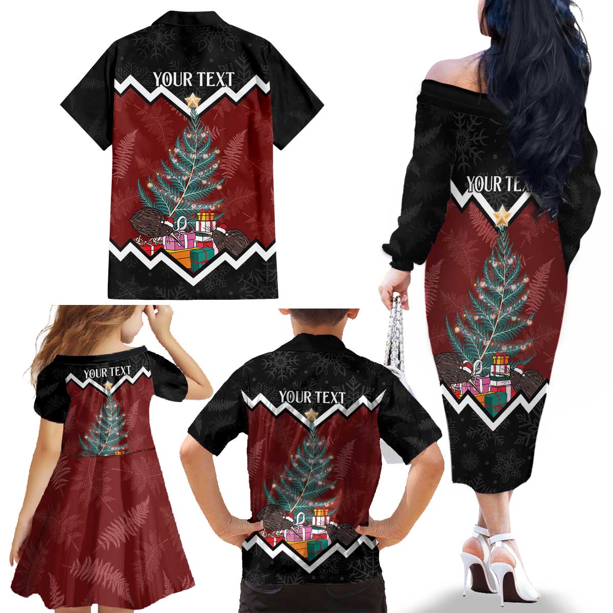 Personalised New Zealand Christmas Family Matching Off The Shoulder Long Sleeve Dress and Hawaiian Shirt Xmas Fern and Kiwi Birds LT7 - Polynesian Pride