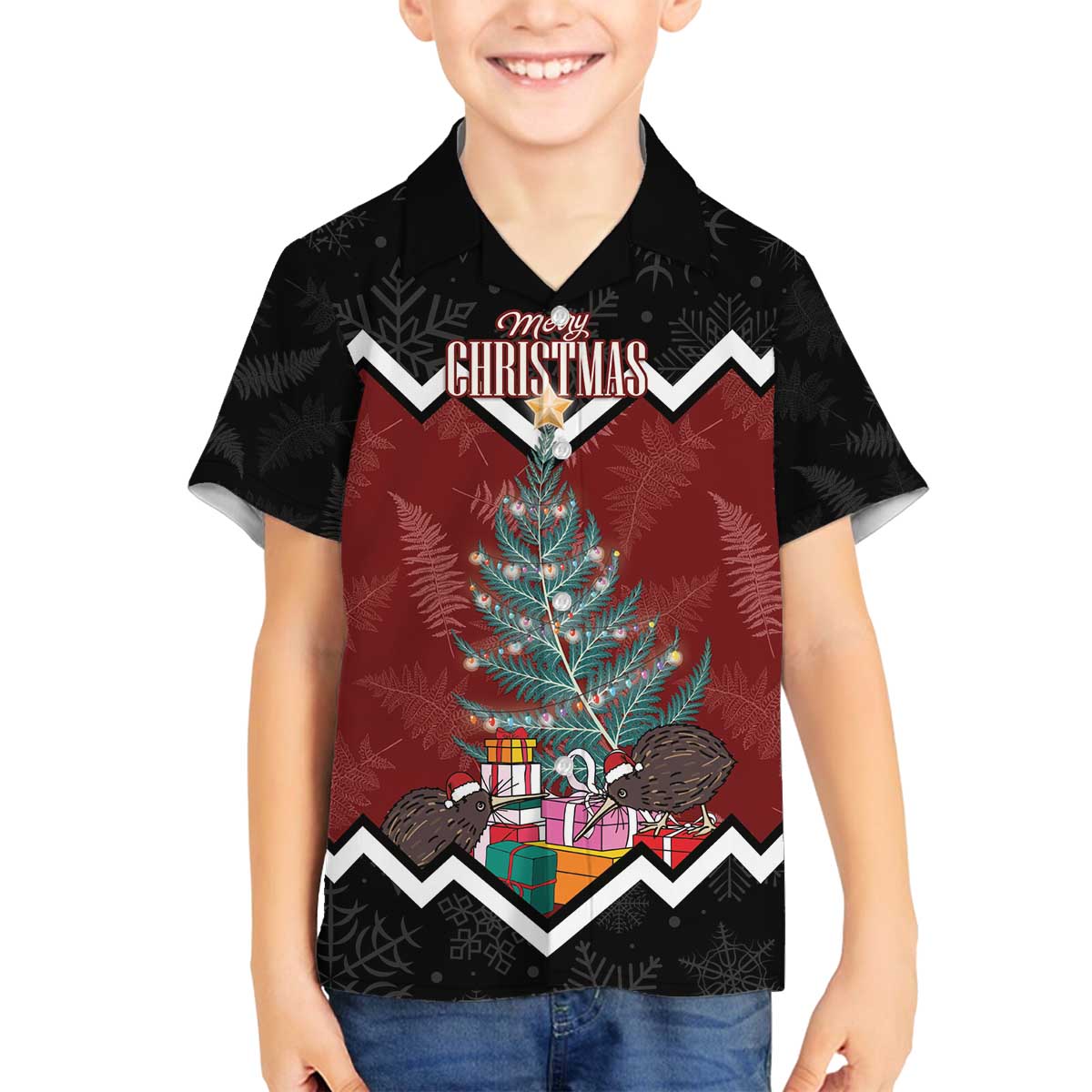 Personalised New Zealand Christmas Family Matching Off The Shoulder Long Sleeve Dress and Hawaiian Shirt Xmas Fern and Kiwi Birds LT7 Son's Shirt Black - Polynesian Pride