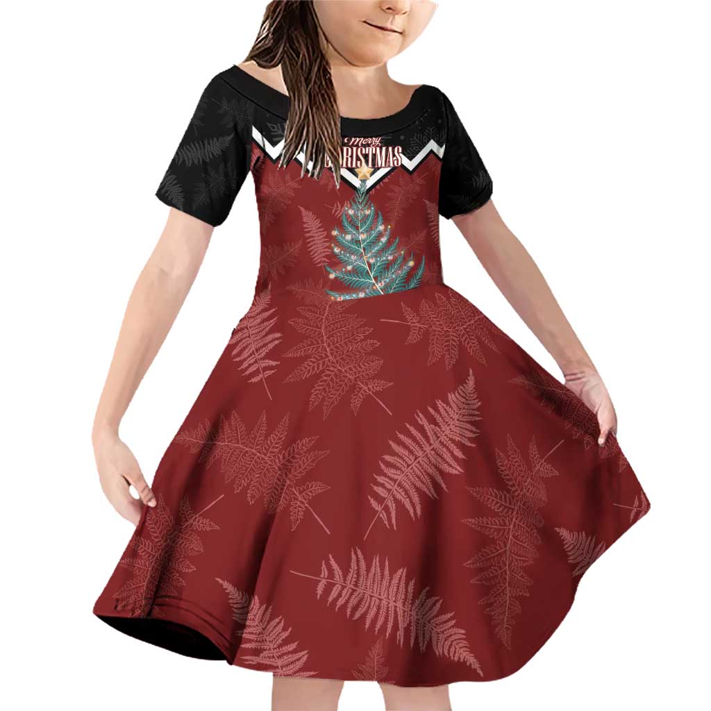Personalised New Zealand Christmas Family Matching Off Shoulder Short Dress and Hawaiian Shirt Xmas Fern and Kiwi Birds LT7 Daughter's Dress Black - Polynesian Pride