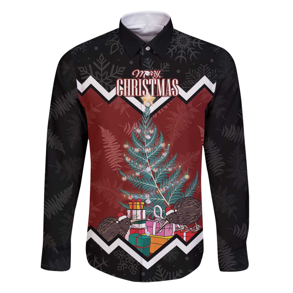 Personalised New Zealand Christmas Family Matching Off Shoulder Short Dress and Hawaiian Shirt Xmas Fern and Kiwi Birds LT7 Dad's Shirt - Long Sleeve Black - Polynesian Pride