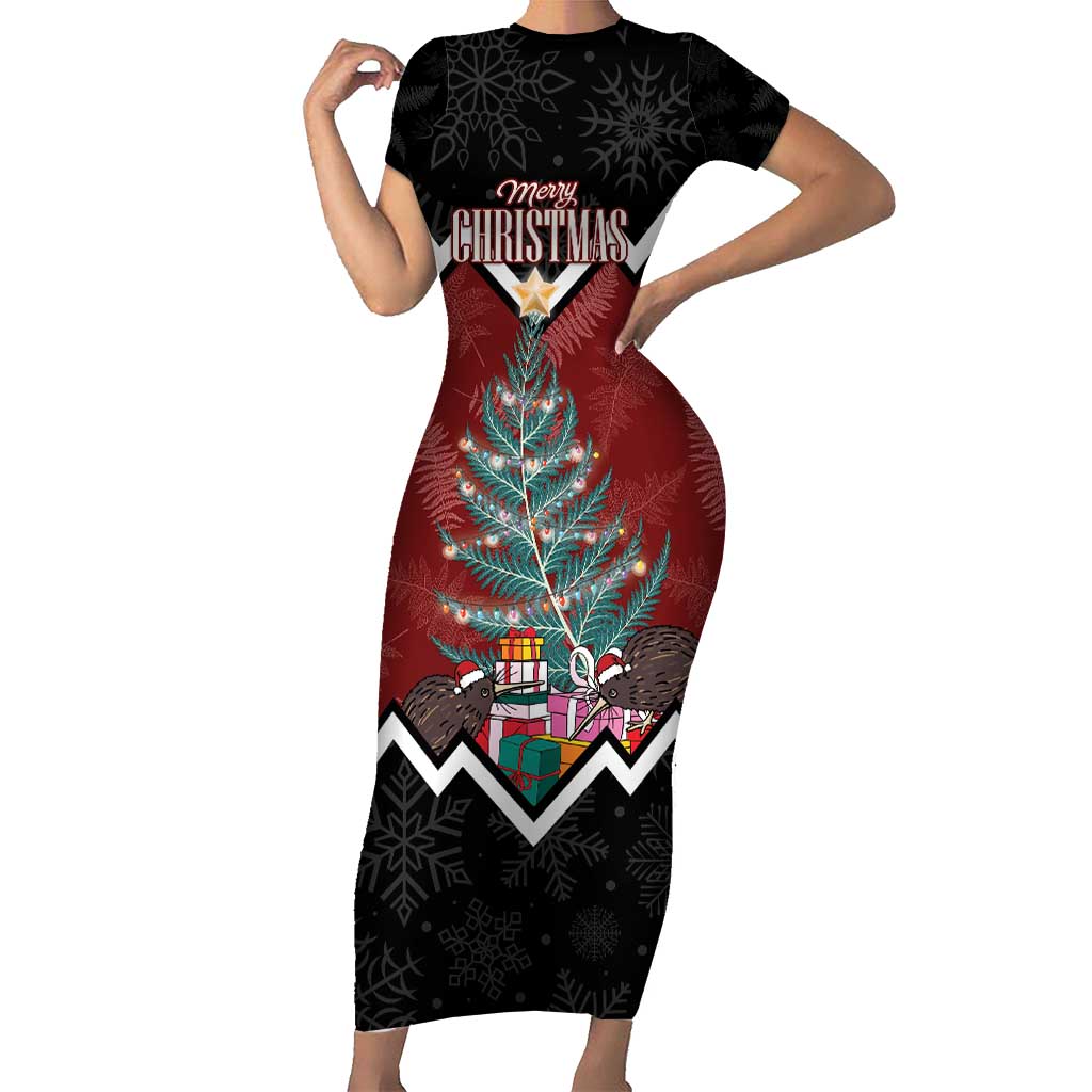 Personalised New Zealand Christmas Family Matching Short Sleeve Bodycon Dress and Hawaiian Shirt Xmas Fern and Kiwi Birds LT7 Mom's Dress Black - Polynesian Pride