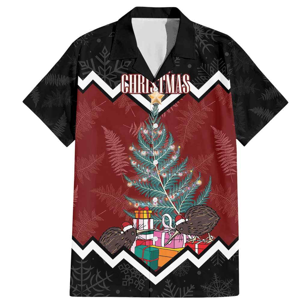 Personalised New Zealand Christmas Hawaiian Shirt Xmas Fern and Kiwi Birds LT7 Black - Polynesian Pride