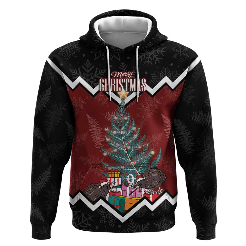 Personalised New Zealand Christmas Hoodie Xmas Fern and Kiwi Birds LT7 Pullover Hoodie Black - Polynesian Pride