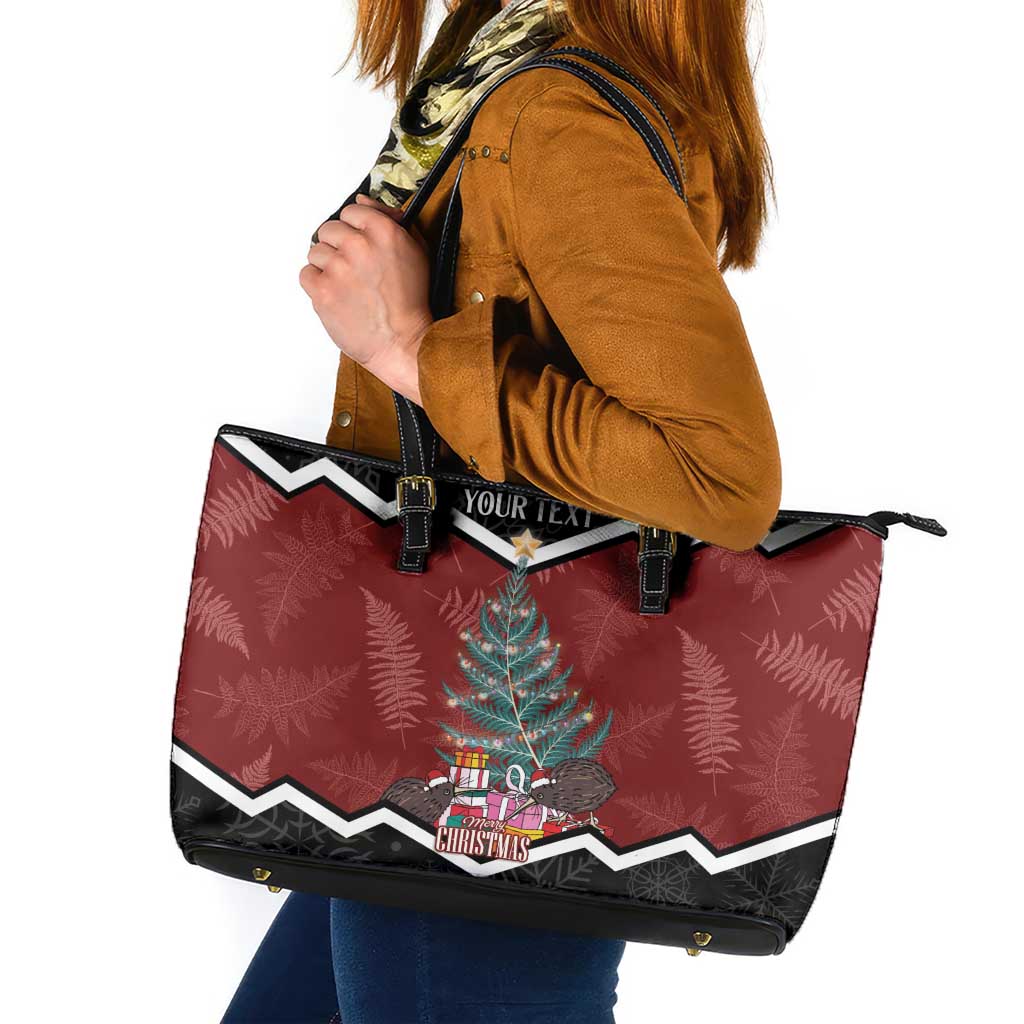 Personalised New Zealand Christmas Leather Tote Bag Xmas Fern and Kiwi Birds LT7 Black - Polynesian Pride