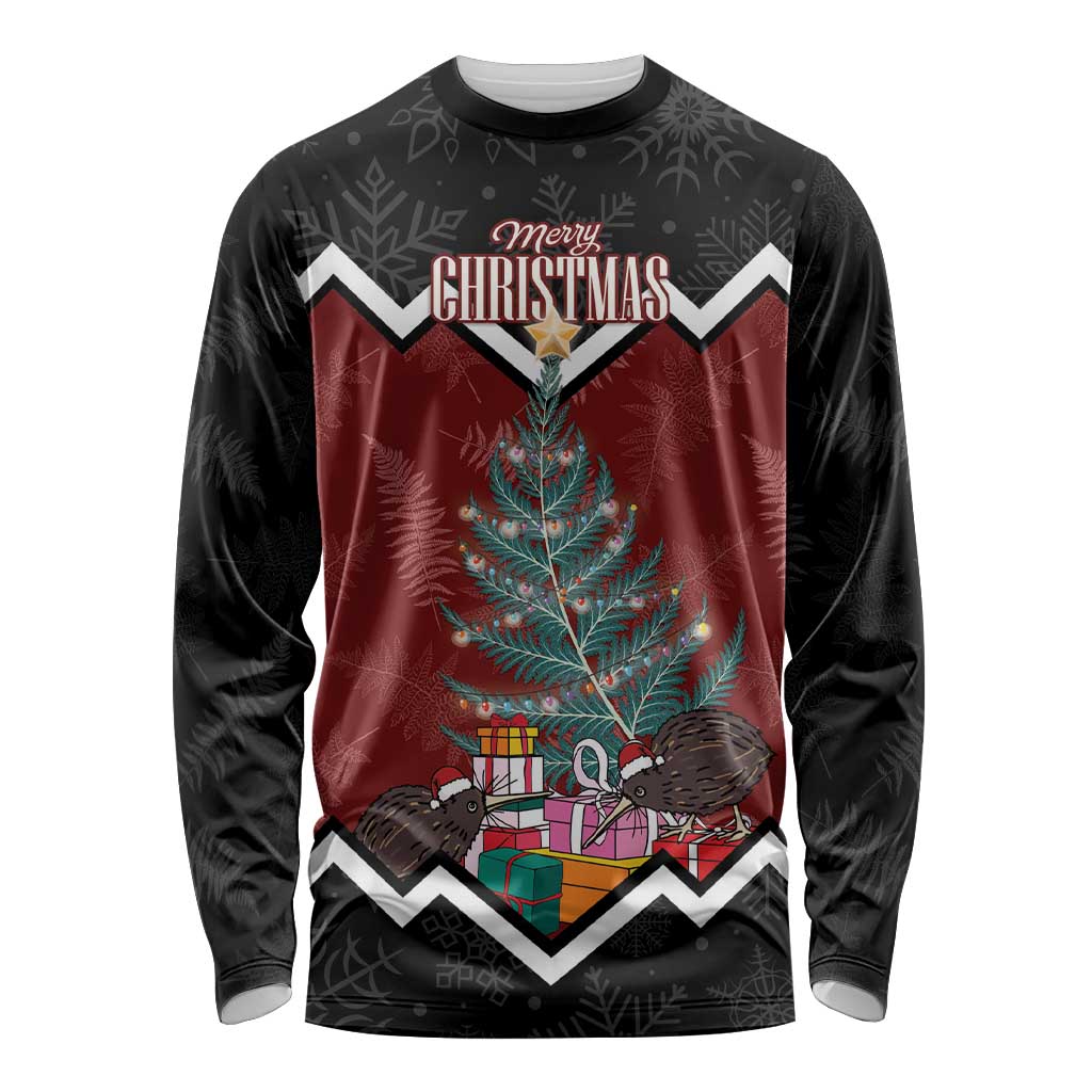 Personalised New Zealand Christmas Long Sleeve Shirt Xmas Fern and Kiwi Birds LT7 Unisex Black - Polynesian Pride