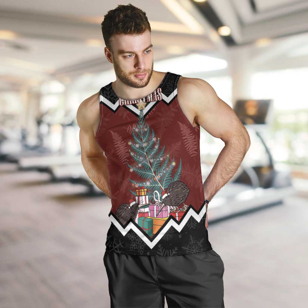 Personalised New Zealand Christmas Men Tank Top Xmas Fern and Kiwi Birds LT7 Black - Polynesian Pride