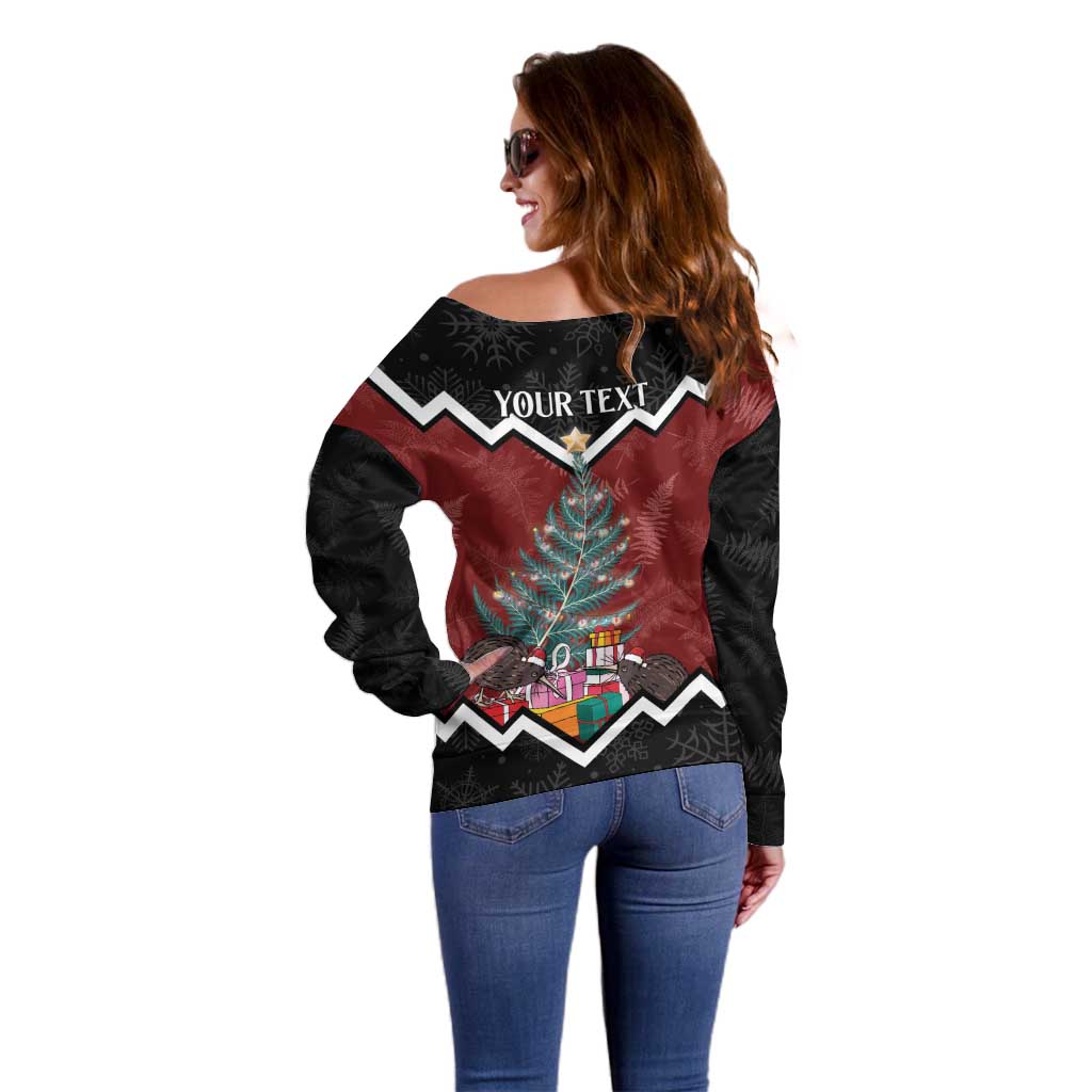 Personalised New Zealand Christmas Off Shoulder Sweater Xmas Fern and Kiwi Birds LT7 - Polynesian Pride