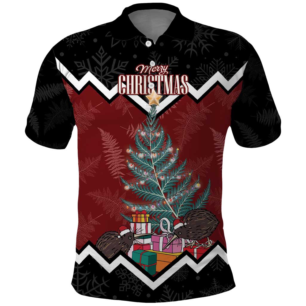 Personalised New Zealand Christmas Polo Shirt Xmas Fern and Kiwi Birds LT7 Black - Polynesian Pride