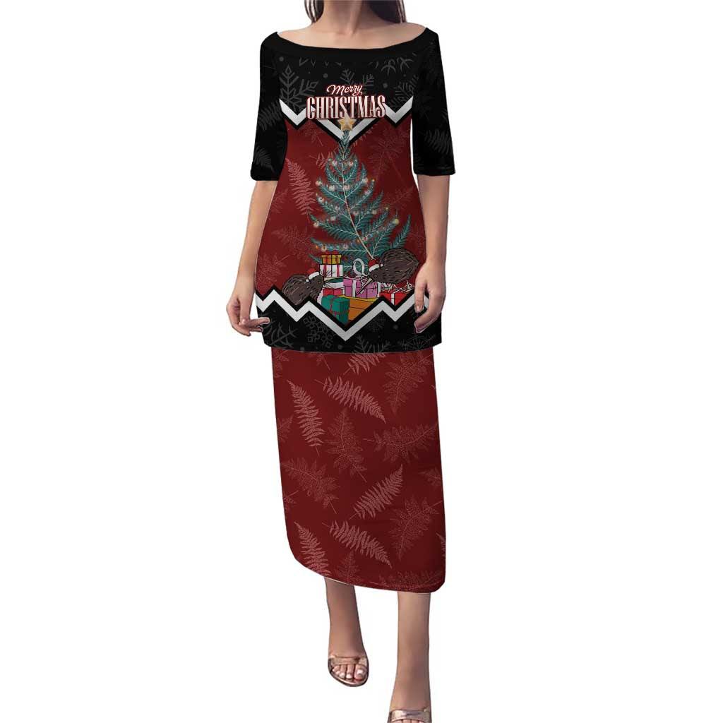 Personalised New Zealand Christmas Puletasi Xmas Fern and Kiwi Birds LT7 Long Dress Black - Polynesian Pride