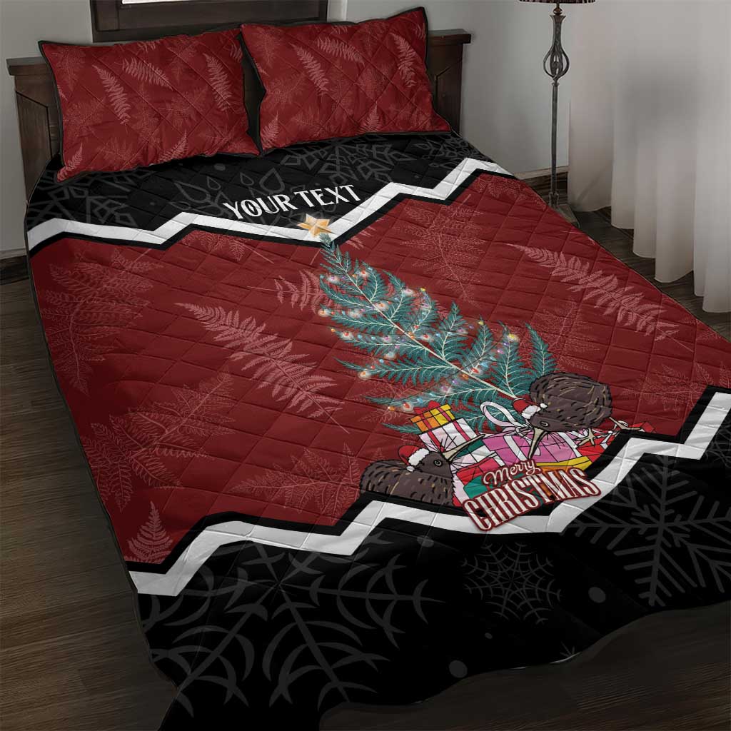 Personalised New Zealand Christmas Quilt Bed Set Xmas Fern and Kiwi Birds LT7 Black - Polynesian Pride