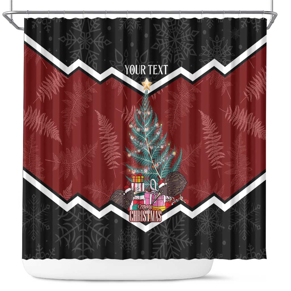 Personalised New Zealand Christmas Shower Curtain Xmas Fern and Kiwi Birds LT7 Black - Polynesian Pride