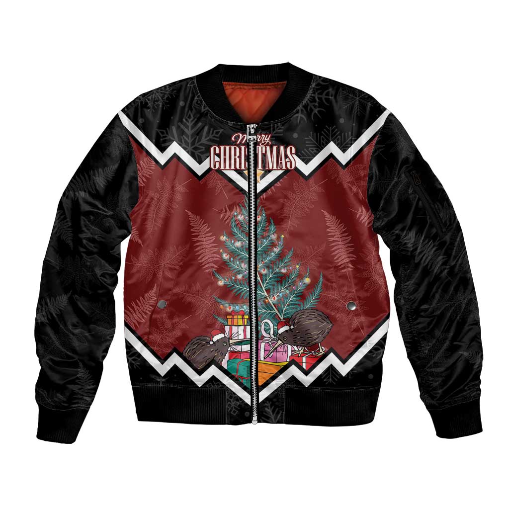 Personalised New Zealand Christmas Sleeve Zip Bomber Jacket Xmas Fern and Kiwi Birds LT7 Unisex Black - Polynesian Pride