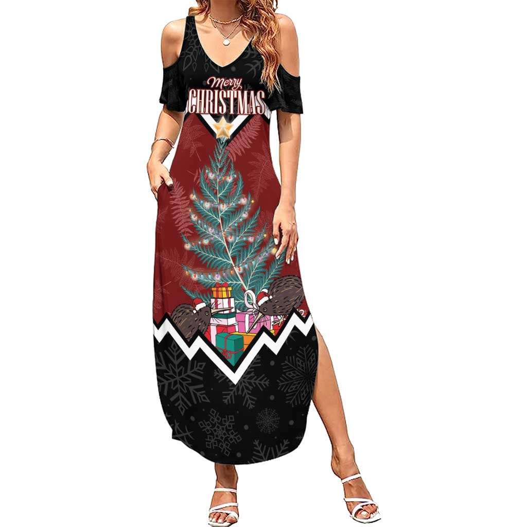 Personalised New Zealand Christmas Summer Maxi Dress Xmas Fern and Kiwi Birds LT7 Women Black - Polynesian Pride