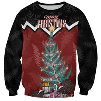 Personalised New Zealand Christmas Sweatshirt Xmas Fern and Kiwi Birds LT7 Unisex Black - Polynesian Pride