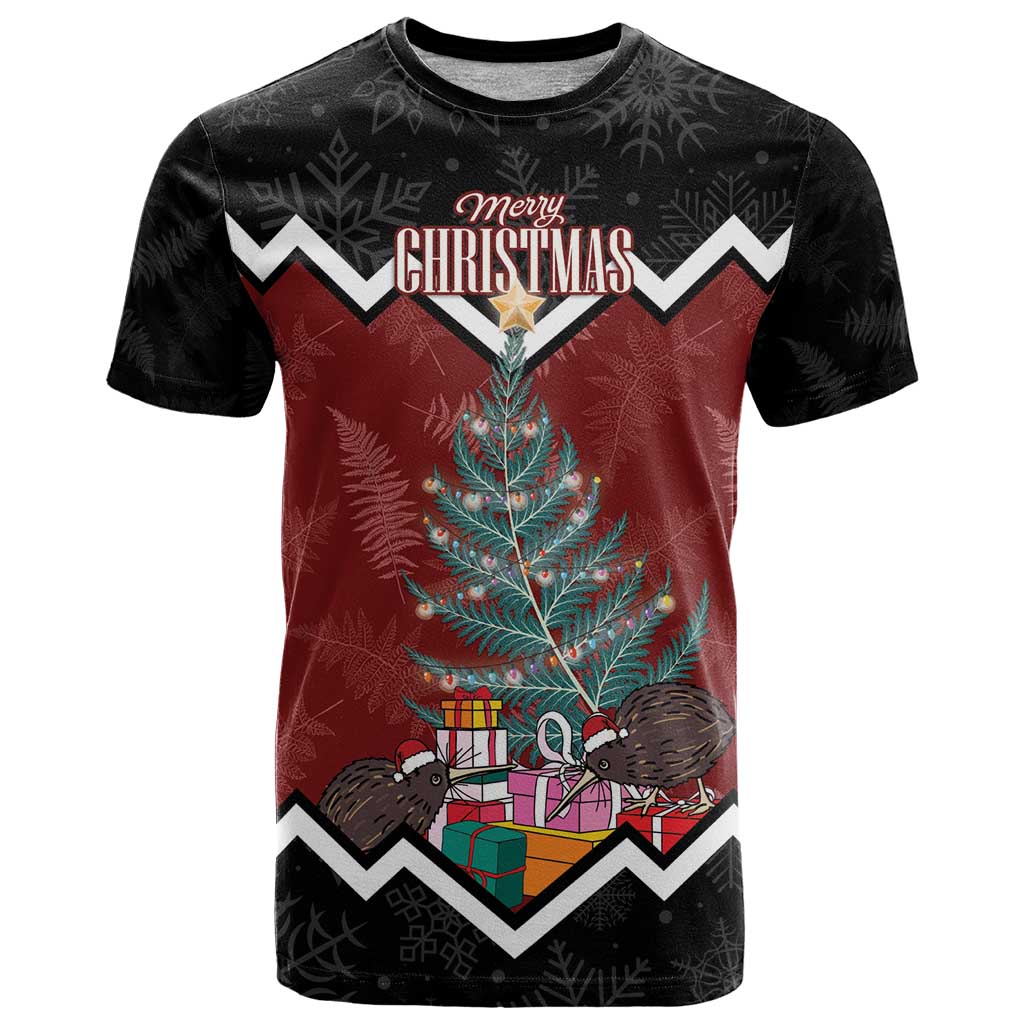 Personalised New Zealand Christmas T Shirt Xmas Fern and Kiwi Birds LT7 Black - Polynesian Pride