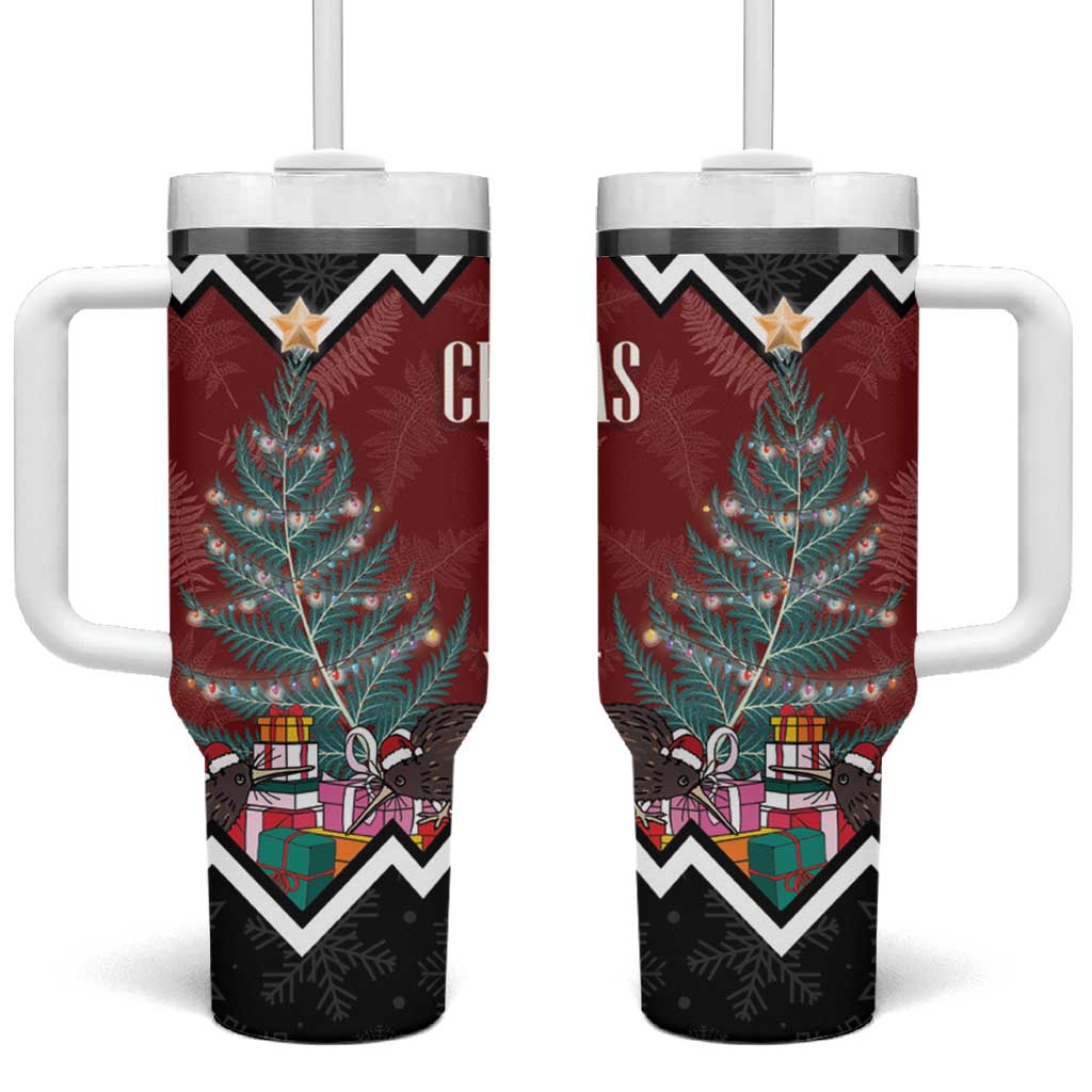 Personalised New Zealand Christmas Tumbler With Handle Xmas Fern and Kiwi Birds LT7 One Size: 40 oz Black - Polynesian Pride