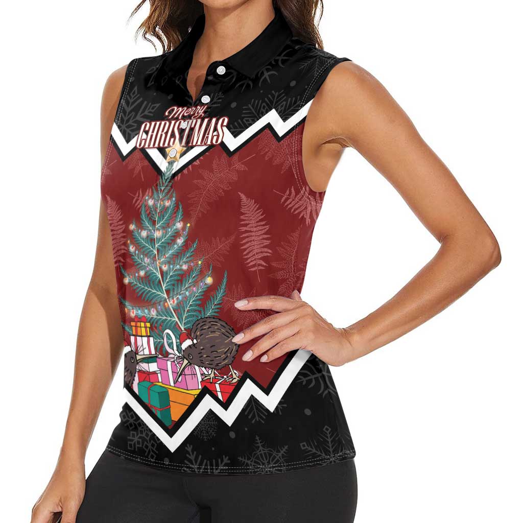 Personalised New Zealand Christmas Women Sleeveless Polo Shirt Xmas Fern and Kiwi Birds LT7 - Polynesian Pride