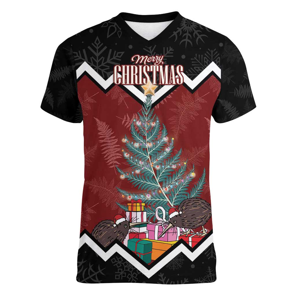 Personalised New Zealand Christmas Women V-Neck T-Shirt Xmas Fern and Kiwi Birds LT7 Female Black - Polynesian Pride