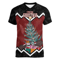 Personalised New Zealand Christmas Women V-Neck T-Shirt Xmas Fern and Kiwi Birds LT7 Female Black - Polynesian Pride