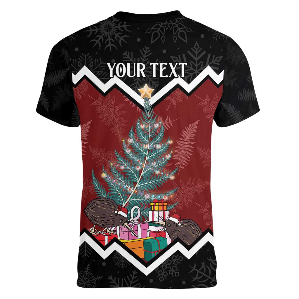 Personalised New Zealand Christmas Women V-Neck T-Shirt Xmas Fern and Kiwi Birds LT7 - Polynesian Pride