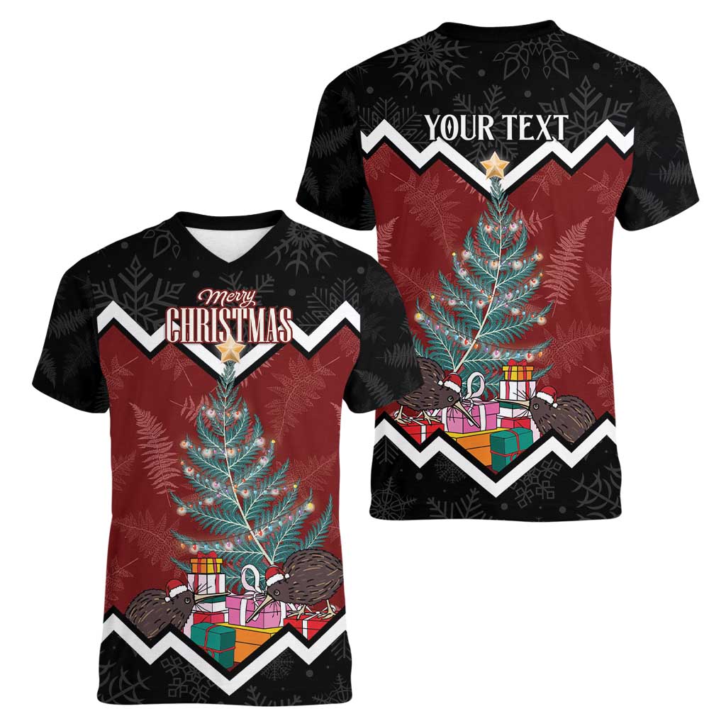 Personalised New Zealand Christmas Women V-Neck T-Shirt Xmas Fern and Kiwi Birds LT7 - Polynesian Pride