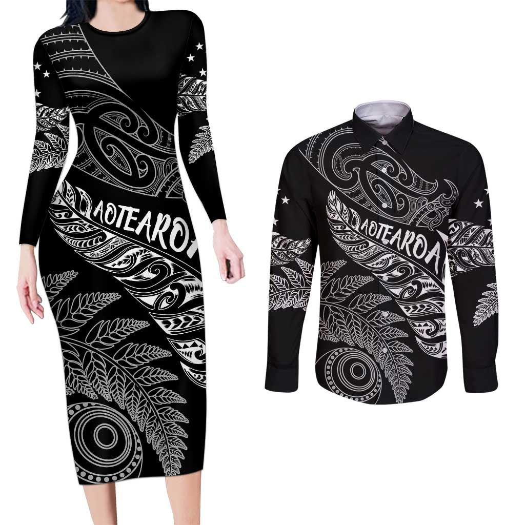 Aotearoa Personalized Lawn Bowls Maori Couples Matching Long Sleeve Bodycon Dress and Long Sleeve Button Shirt New Zealand Black Tribal Silver Fern LT7 Black - Polynesian Pride