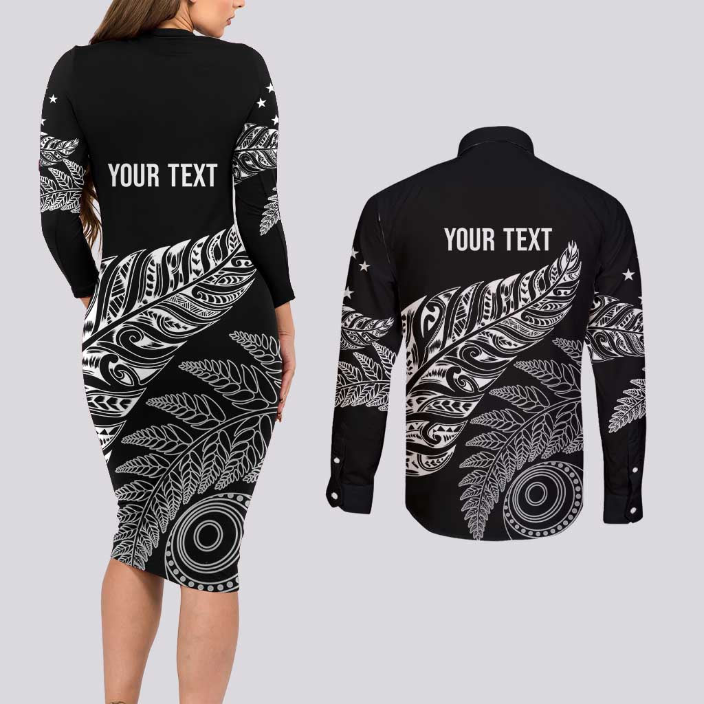 Aotearoa Personalized Lawn Bowls Maori Couples Matching Long Sleeve Bodycon Dress and Long Sleeve Button Shirt New Zealand Black Tribal Silver Fern LT7 - Polynesian Pride