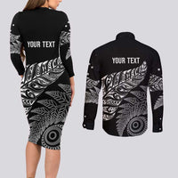 Aotearoa Personalized Lawn Bowls Maori Couples Matching Long Sleeve Bodycon Dress and Long Sleeve Button Shirt New Zealand Black Tribal Silver Fern LT7 - Polynesian Pride