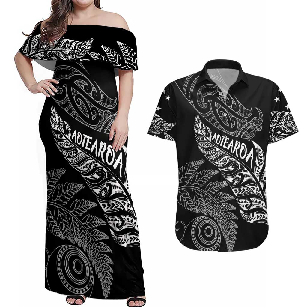 Aotearoa Personalized Lawn Bowls Maori Couples Matching Off Shoulder Maxi Dress and Hawaiian Shirt New Zealand Black Tribal Silver Fern LT7 Black - Polynesian Pride