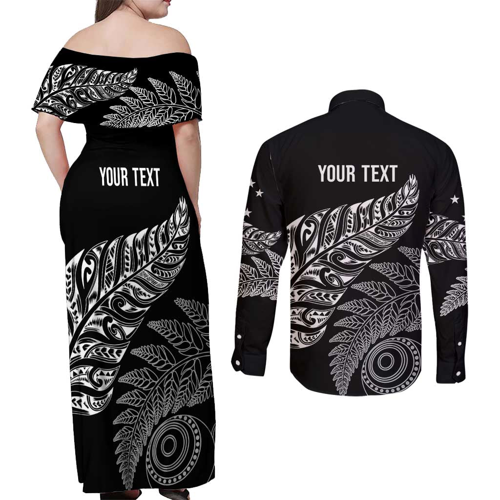 Aotearoa Personalized Lawn Bowls Maori Couples Matching Off Shoulder Maxi Dress and Long Sleeve Button Shirt New Zealand Black Tribal Silver Fern LT7 - Polynesian Pride