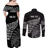 Aotearoa Personalized Lawn Bowls Maori Couples Matching Off Shoulder Maxi Dress and Long Sleeve Button Shirt New Zealand Black Tribal Silver Fern LT7 - Polynesian Pride