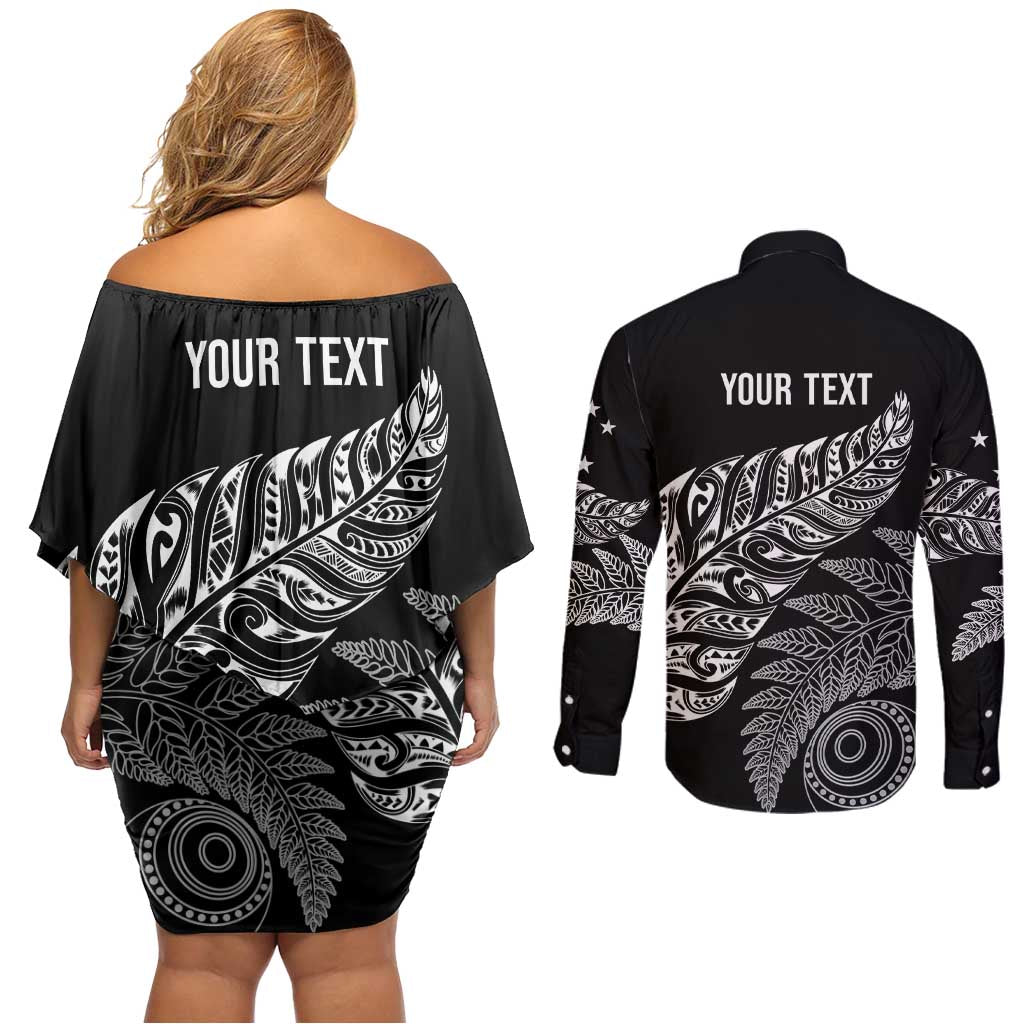 Aotearoa Personalized Lawn Bowls Maori Couples Matching Off Shoulder Short Dress and Long Sleeve Button Shirt New Zealand Black Tribal Silver Fern LT7 - Polynesian Pride