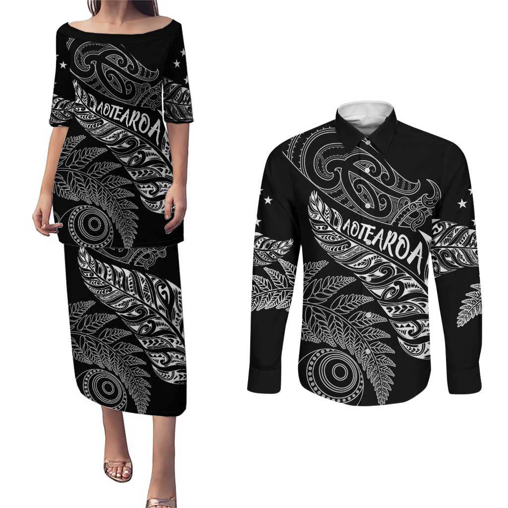 Aotearoa Personalized Lawn Bowls Maori Couples Matching Puletasi and Long Sleeve Button Shirt New Zealand Black Tribal Silver Fern - Polynesian Pride