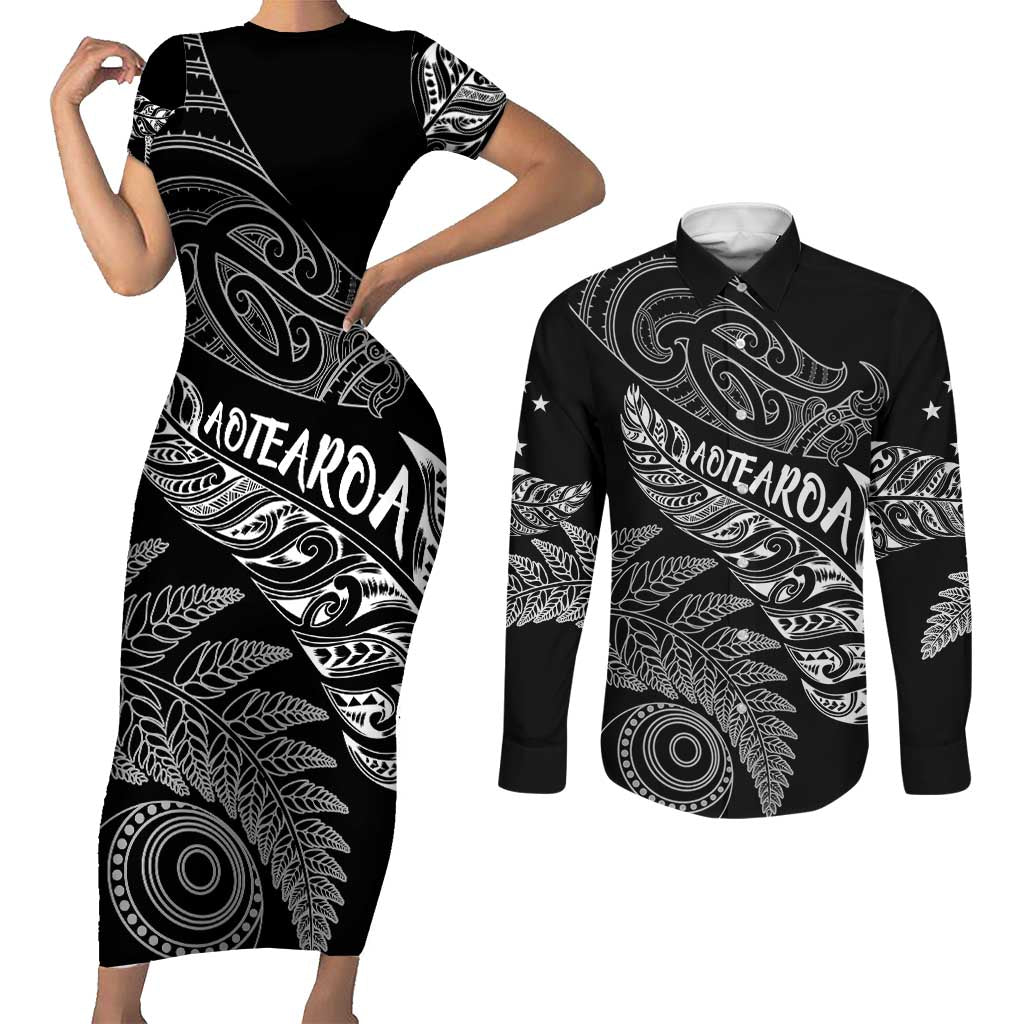 Aotearoa Personalized Lawn Bowls Maori Couples Matching Short Sleeve Bodycon Dress and Long Sleeve Button Shirt New Zealand Black Tribal Silver Fern - Polynesian Pride