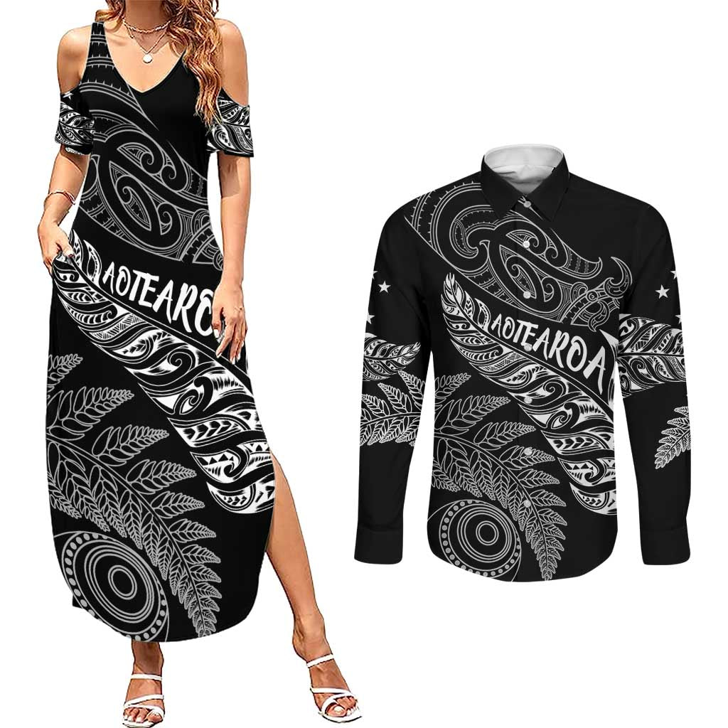 Aotearoa Personalized Lawn Bowls Maori Couples Matching Summer Maxi Dress and Long Sleeve Button Shirt New Zealand Black Tribal Silver Fern LT7 Black - Polynesian Pride