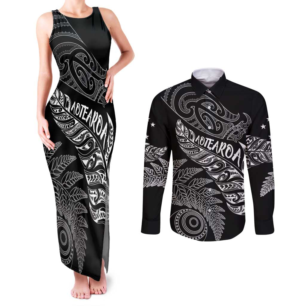 Aotearoa Personalized Lawn Bowls Maori Couples Matching Tank Maxi Dress and Long Sleeve Button Shirt New Zealand Black Tribal Silver Fern LT7 Black - Polynesian Pride