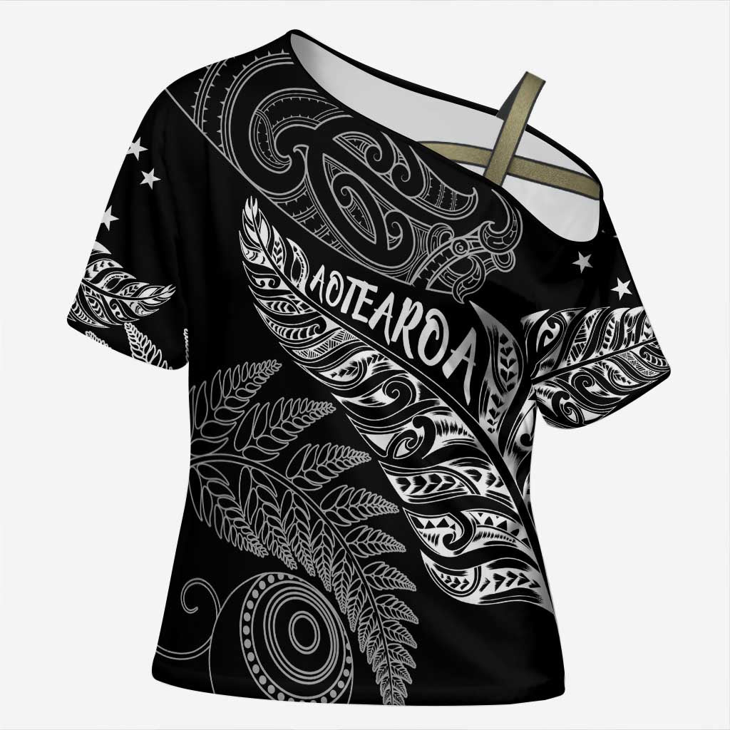 Aotearoa Personalized Lawn Bowls Maori Cross Shoulder Shirt New Zealand Black Tribal Silver Fern LT7 Female Black - Polynesian Pride