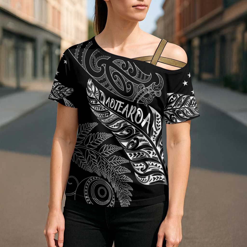 Aotearoa Personalized Lawn Bowls Maori Cross Shoulder Shirt New Zealand Black Tribal Silver Fern LT7 - Polynesian Pride