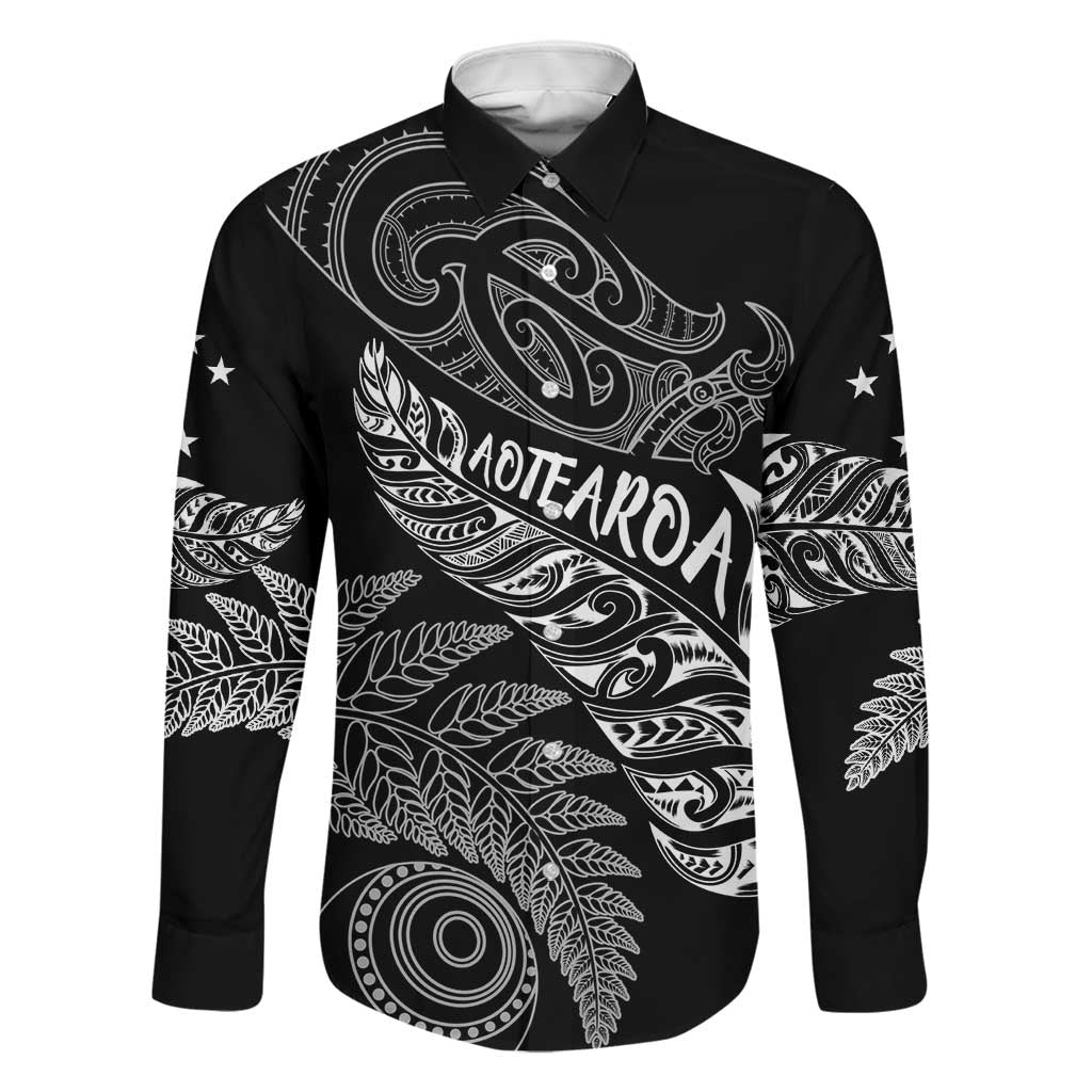 Aotearoa Personalized Lawn Bowls Maori Family Matching Mermaid Dress and Hawaiian Shirt New Zealand Black Tribal Silver Fern LT7 Dad's Shirt - Long Sleeve Black - Polynesian Pride