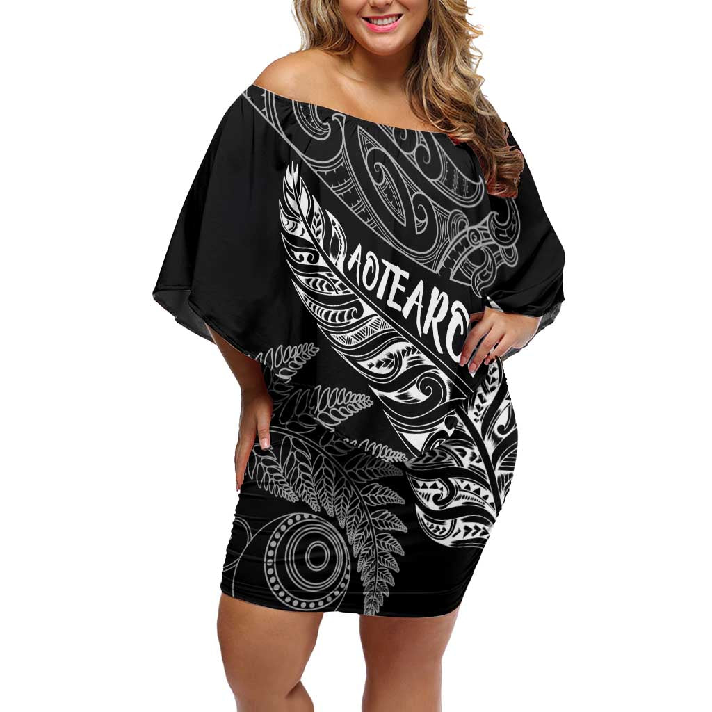 Aotearoa Personalized Lawn Bowls Maori Family Matching Off Shoulder Short Dress and Hawaiian Shirt New Zealand Black Tribal Silver Fern LT7 Mom's Dress Black - Polynesian Pride