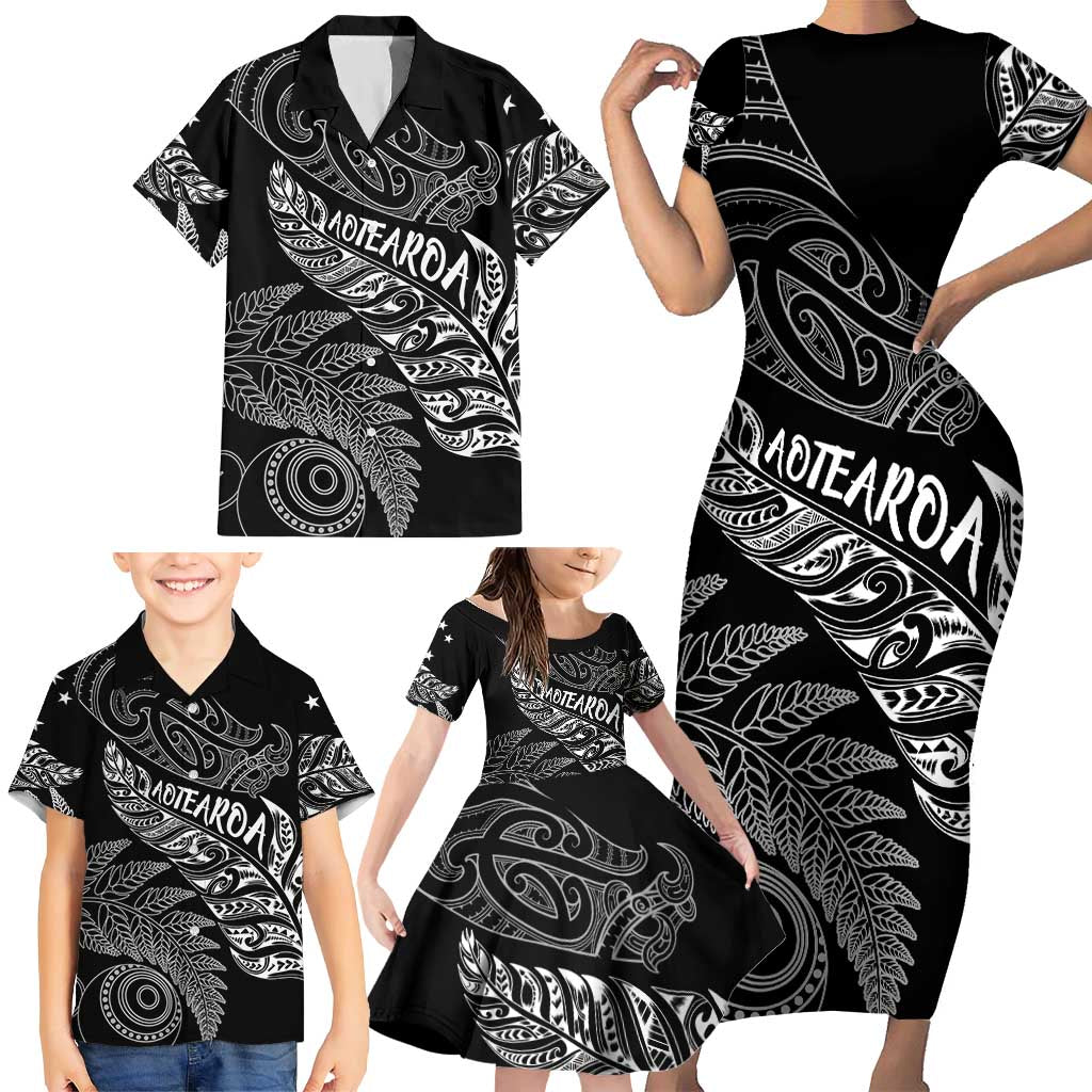 Aotearoa Personalized Lawn Bowls Maori Family Matching Short Sleeve Bodycon Dress and Hawaiian Shirt New Zealand Black Tribal Silver Fern LT7 - Polynesian Pride