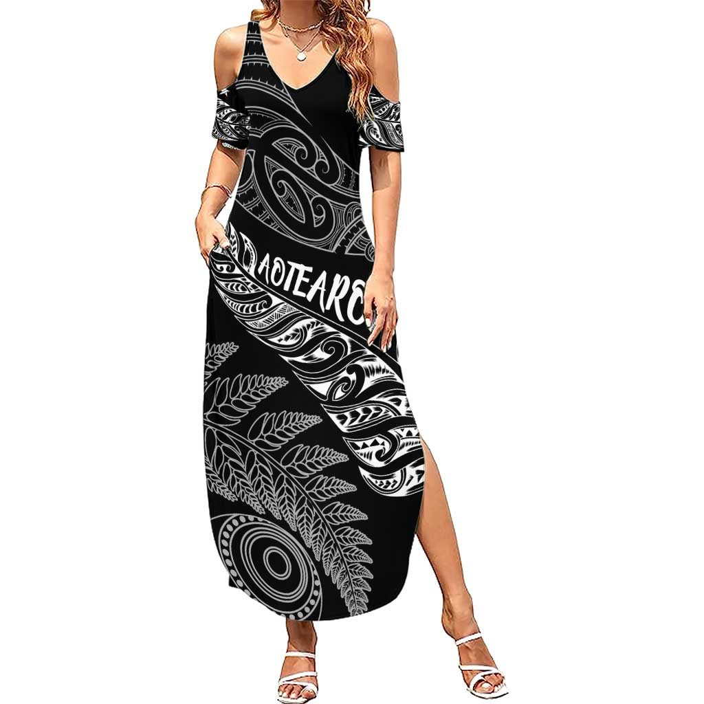 Aotearoa Personalized Lawn Bowls Maori Family Matching Summer Maxi Dress and Hawaiian Shirt New Zealand Black Tribal Silver Fern LT7 Mom's Dress Black - Polynesian Pride